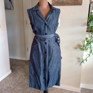 Talbots Linen Cotton Denim Shirt Dress Belted Button Front Natural Fibers Euro